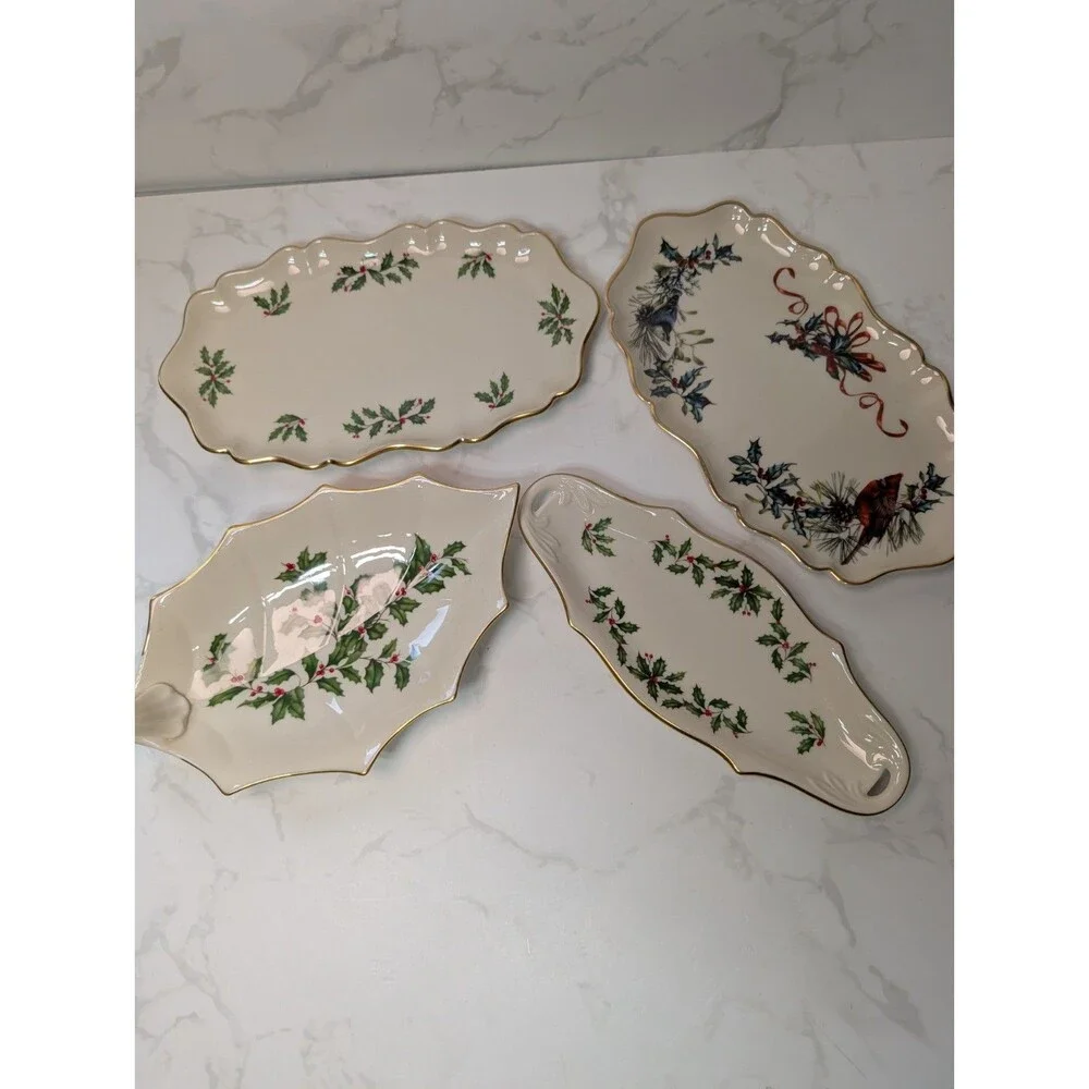 Lenox Holiday 4 Pc Serving Tray Cake Plate Leaf Dish Cardinal Platter USA